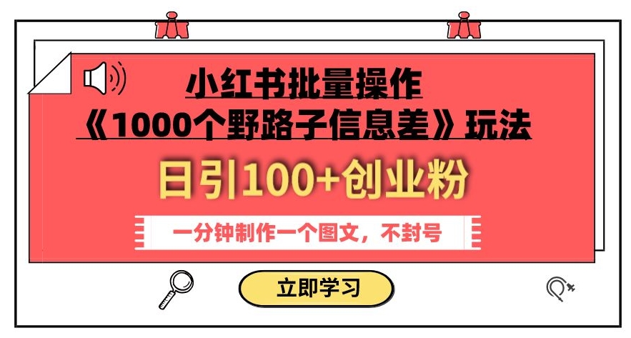 小红书批量操作《1000个野路子信息差》玩法，一分钟制作一个图文，不封号，日引100+创业粉-第二象限