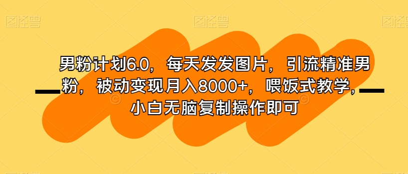 男粉计划6.0，每天发发图片，引流精准男粉，被动变现月入8000+，喂饭式教学，小白无脑复制操作即可-第二象限