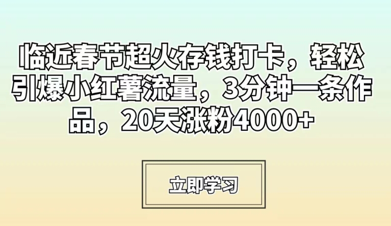 临近春节超火存钱打卡，轻松引爆小红薯流量，3分钟一条作品，20天涨粉4000+【揭秘】-第二象限